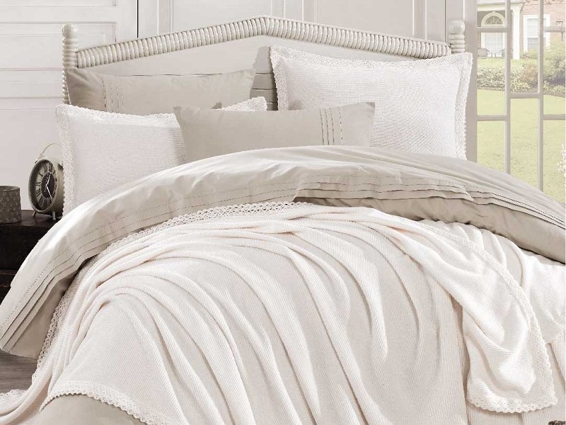 Cuvertura + Lenjerie Pat 2 Persoane Natural Set - Crem Cuvertura + Lenjerie Pat 2 Persoane Natural Set - Cream - imagine 1
