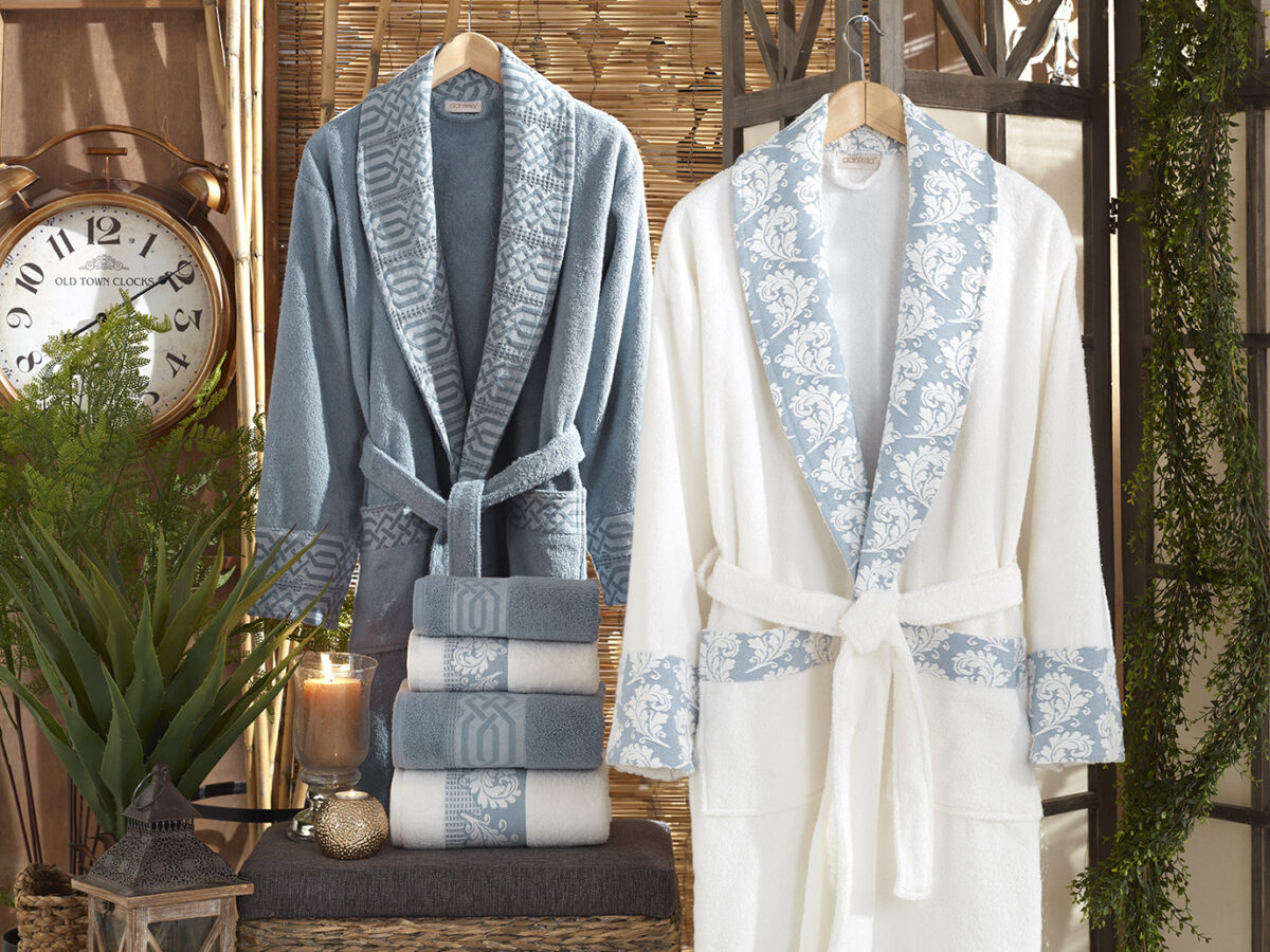 DİANA JAKARLI PAMUKlU BORNOZ SET (KREM-MAVİ) Halate + Prosope 2 Persoane Diana - Crem/Mavi - imagine 1