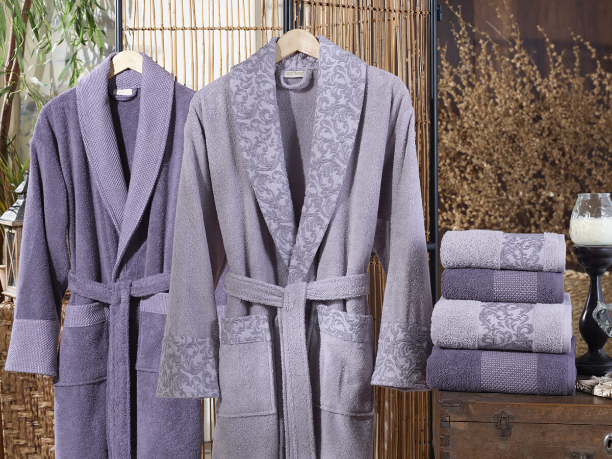 VİCTORİA JAKARLI PAMUKlU BORNOZ SET (LİLA-MOR) Halate + Prosope 2 Persoane Victoria - Lila/Mor - imagine 1