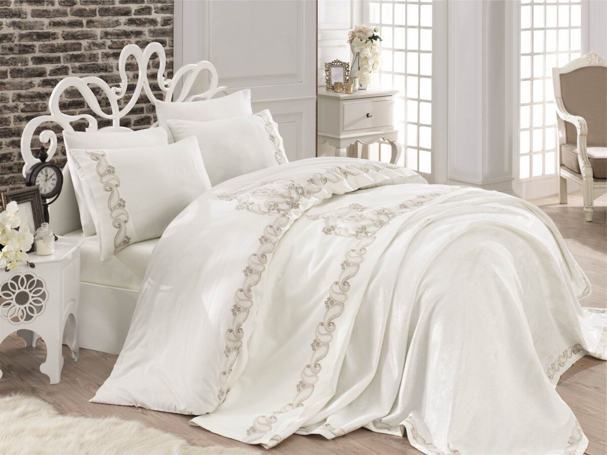 ZEREN GİPÜRLÜ GELİN SET (KREM) Cuvertura + Lenjerie Pat 2 Persoane Zeren - Crem - imagine 1