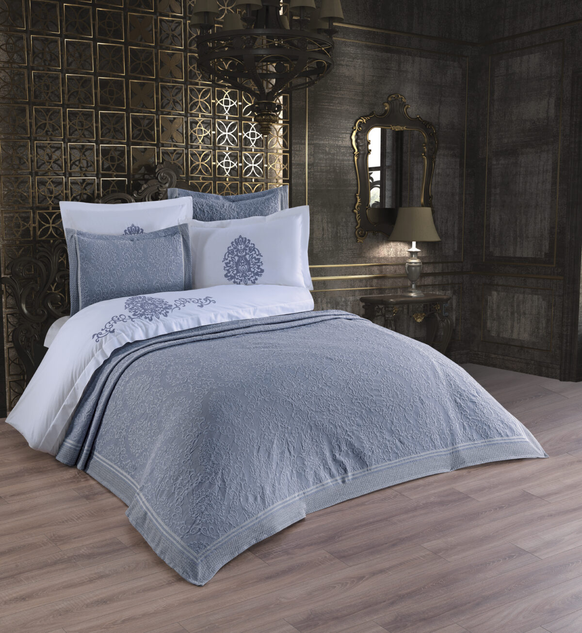 Cuvertura + Lenjerie Pat 2 Persoane cu Broderie Jado Damask - Gri - imagine 1