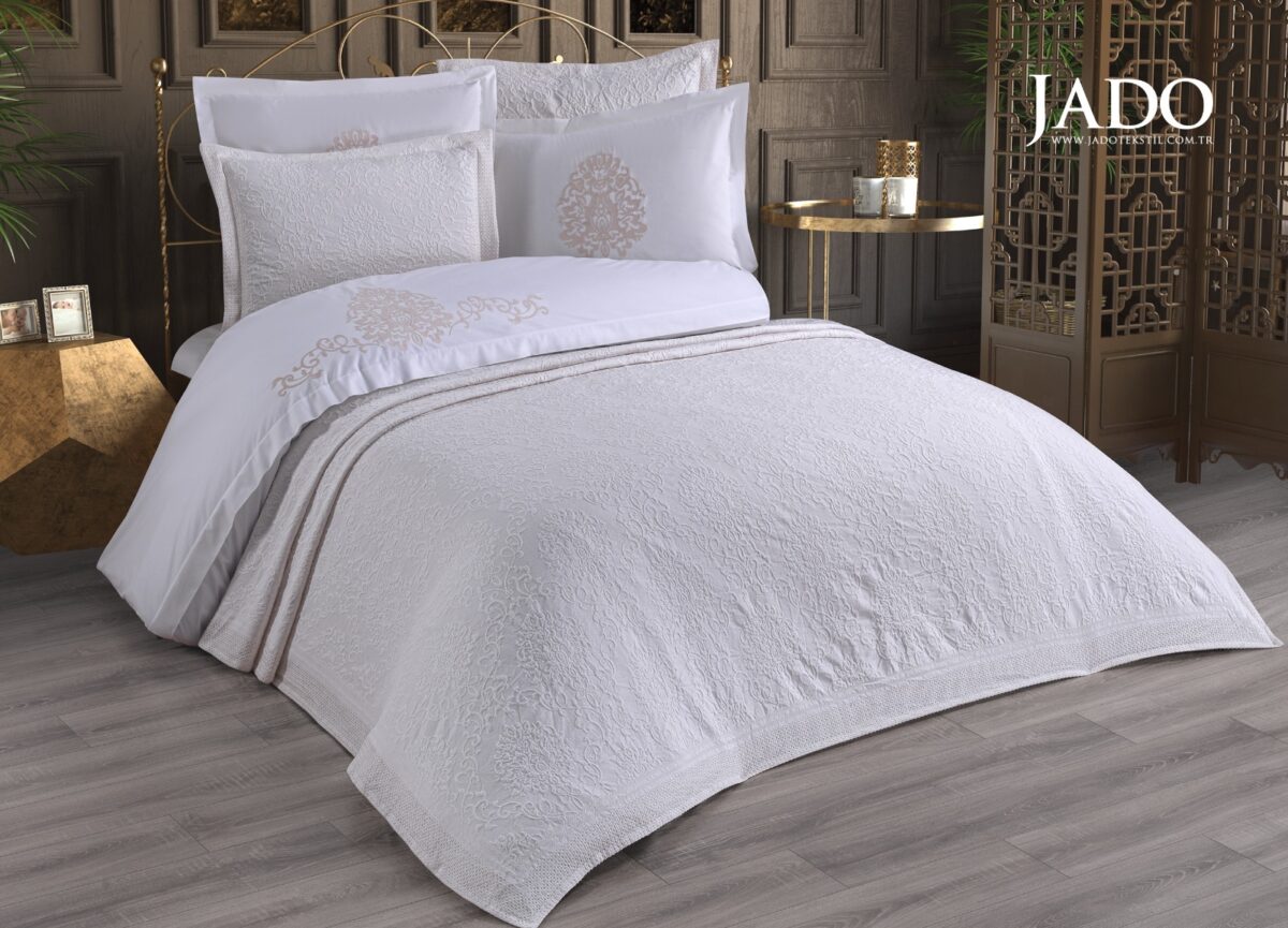 Cuvertura + Lenjerie Pat 2 Persoane cu Broderie Jado Damask - Krem - imagine 1