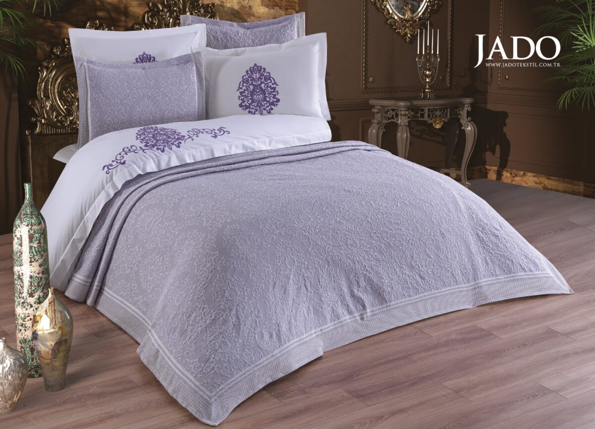 Cuvertura + Lenjerie Pat 2 Persoane cu Broderie Jado Damask - Lila - imagine 1