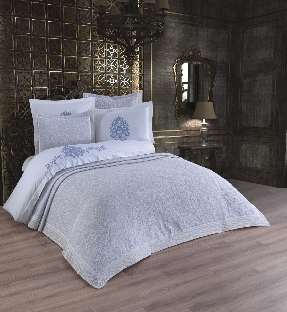Cuvertura + Lenjerie Pat 2 Persoane cu Broderie Jado Damask - Bleu - imagine 1