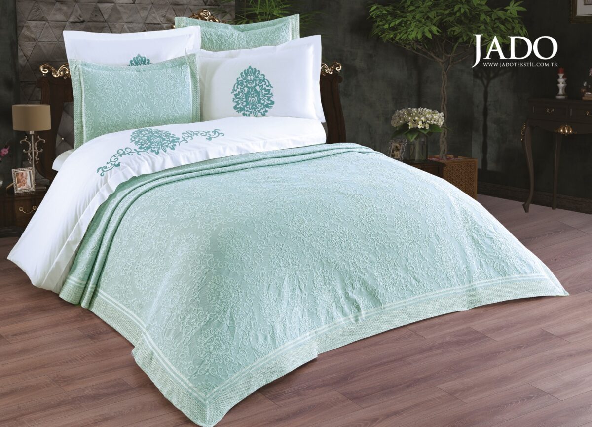 Cuvertura + Lenjerie Pat 2 Persoane cu Broderie Jado Damask - Mint - imagine 1