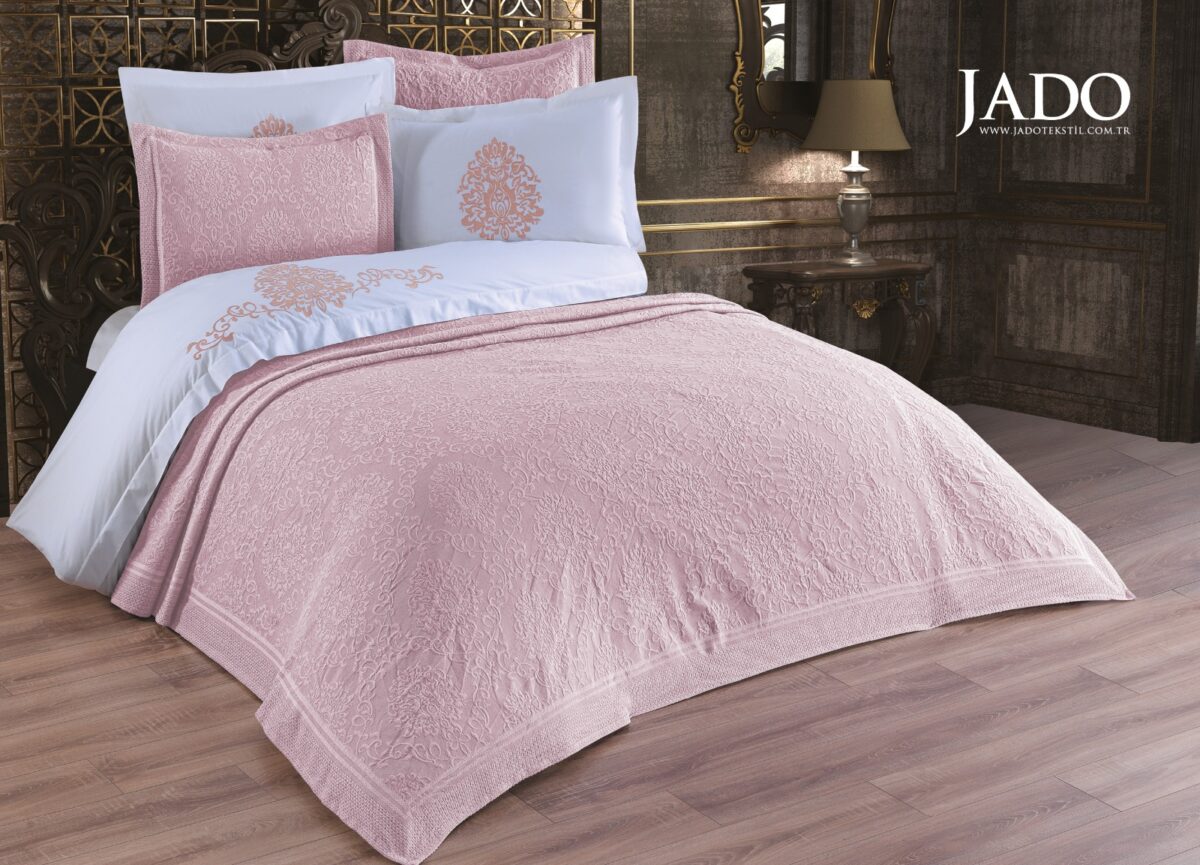 Cuvertura + Lenjerie Pat 2 Persoane cu Broderie Jado Damask - Pudra - imagine 1