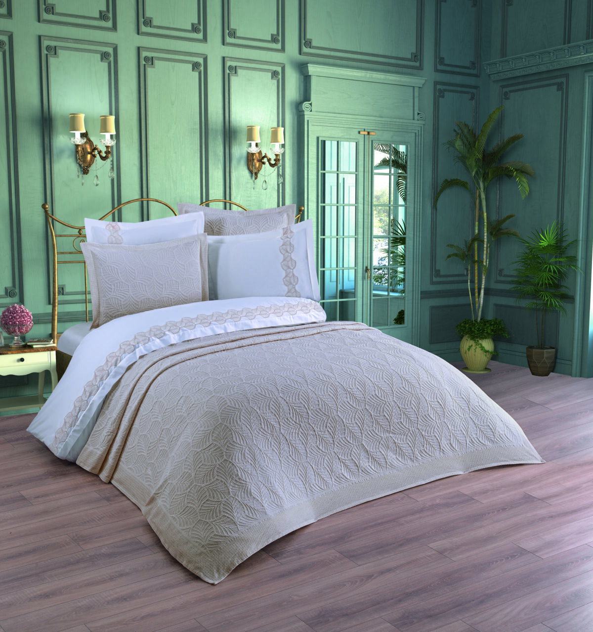 Cuvertura + Lenjerie Pat 2 Persoane cu Broderie Jado Leaf - Beige - imagine 1