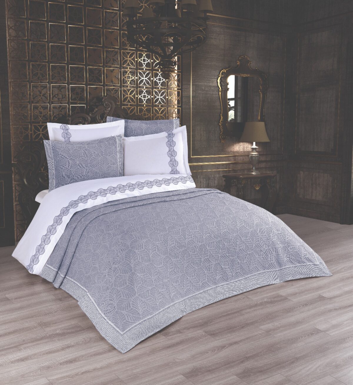 Cuvertura + Lenjerie Pat 2 Persoane cu Broderie Jado Leaf - Gri - imagine 1