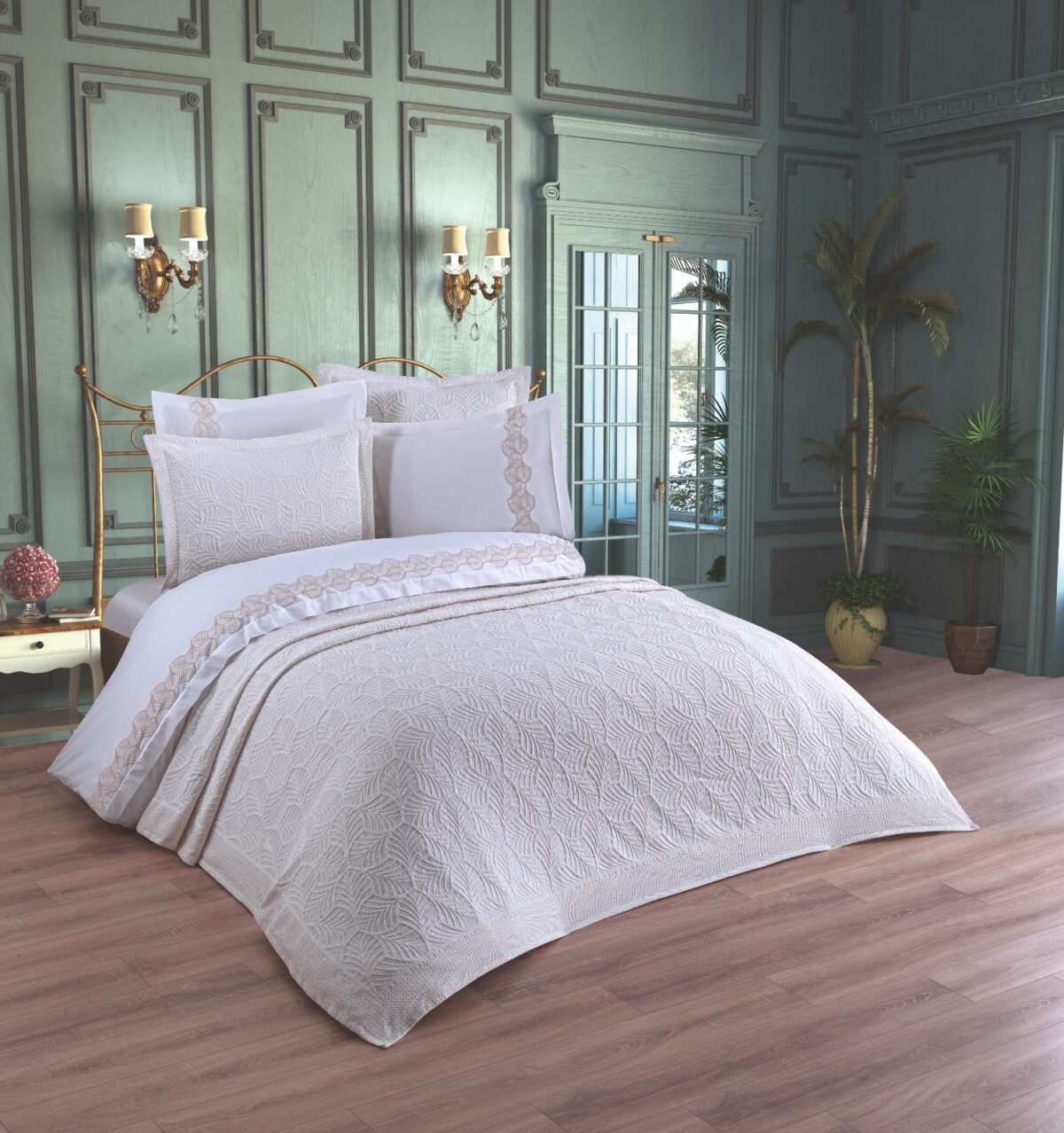 Cuvertura + Lenjerie Pat 2 Persoane cu Broderie Jado Leaf - Krem - imagine 1