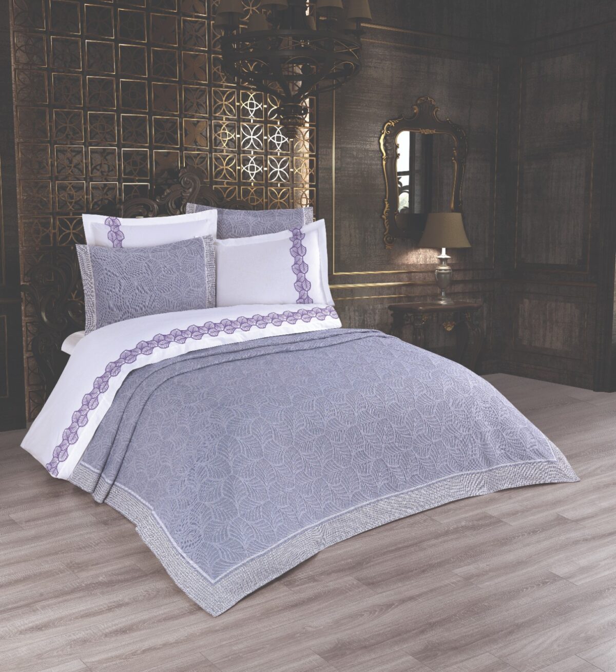 sentez-leaf-lila Cuvertura + Lenjerie Pat 2 Persoane cu Broderie Jado Leaf - Lila - imagine 1