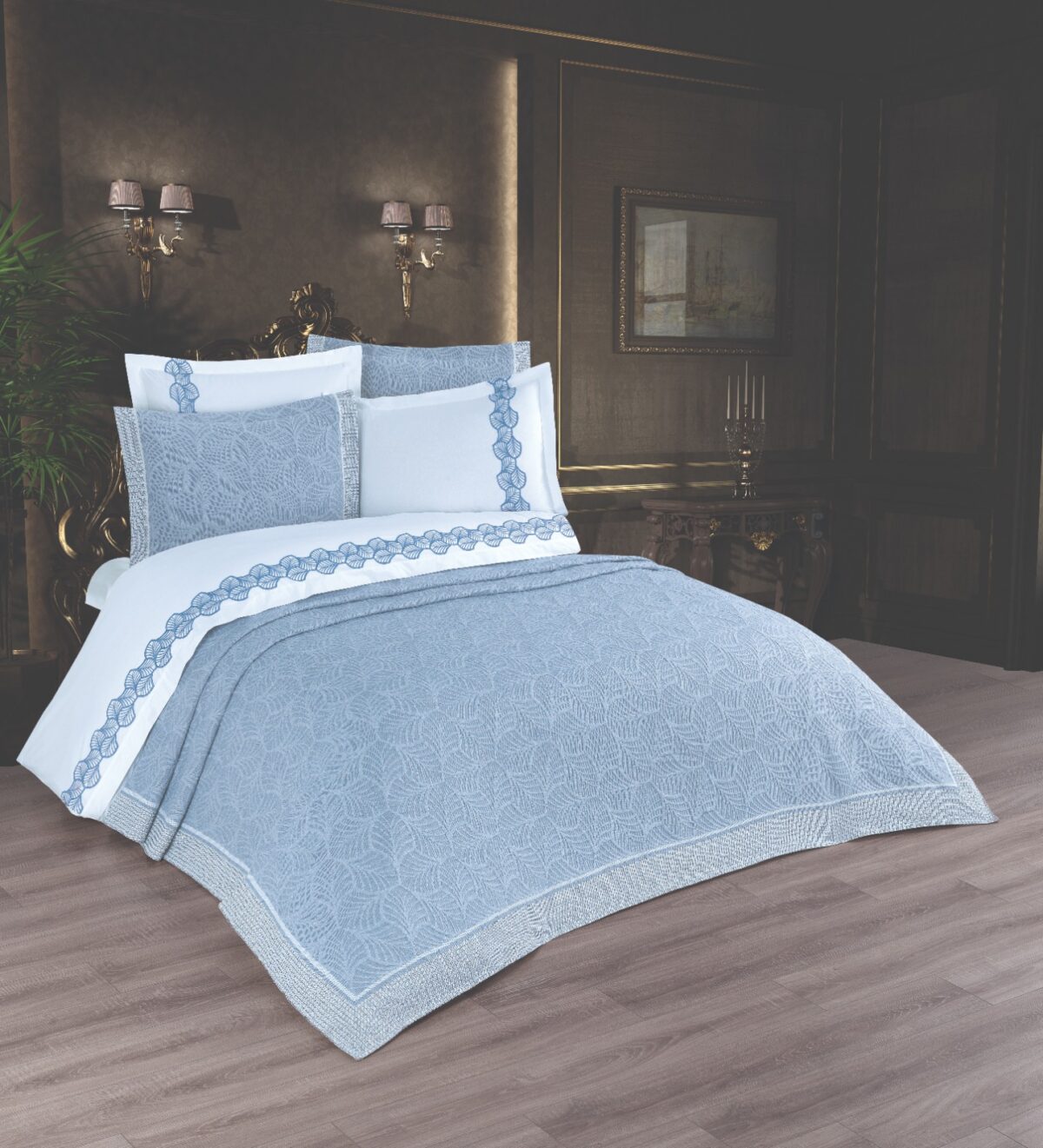 sentez-leaf-mavi Cuvertura + Lenjerie Pat 2 Persoane cu Broderie Jado Leaf - Bleu - imagine 1