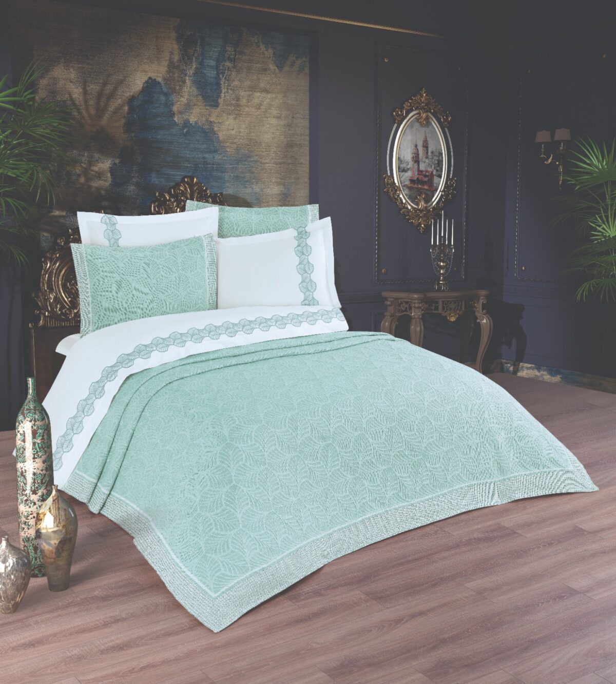 Cuvertura + Lenjerie Pat 2 Persoane cu Broderie Jado Leaf - Mint - imagine 1