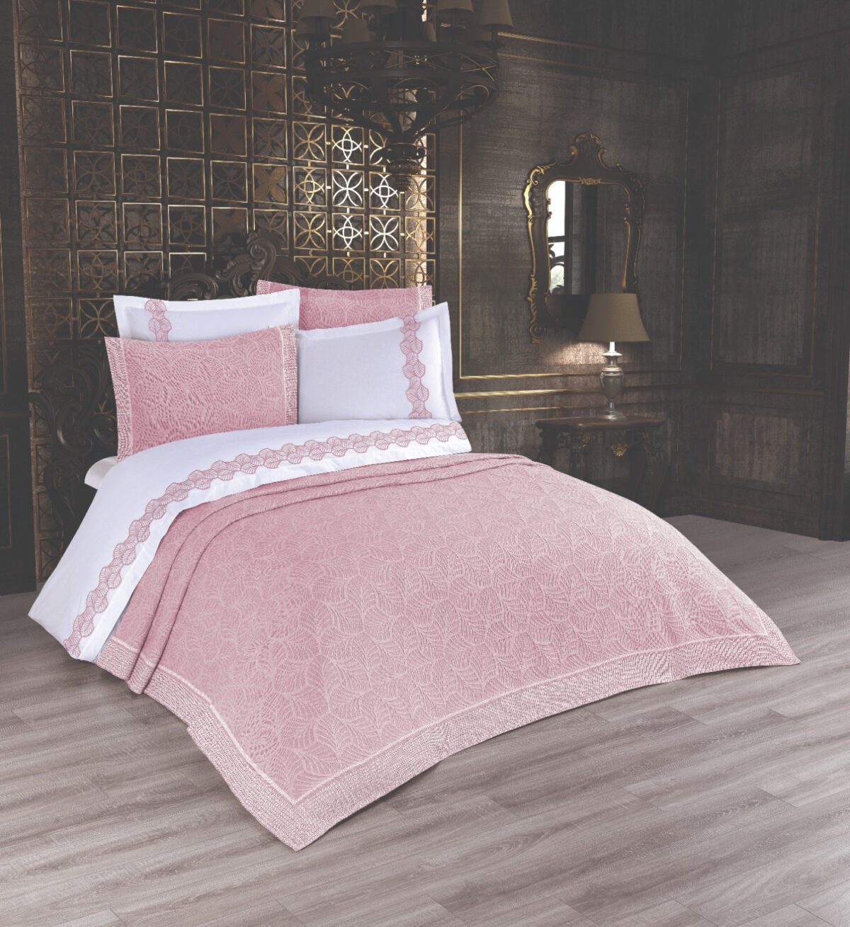 sentez-leaf-pudra Cuvertura + Lenjerie Pat 2 Persoane cu Broderie Jado Leaf - Pudra - imagine 1