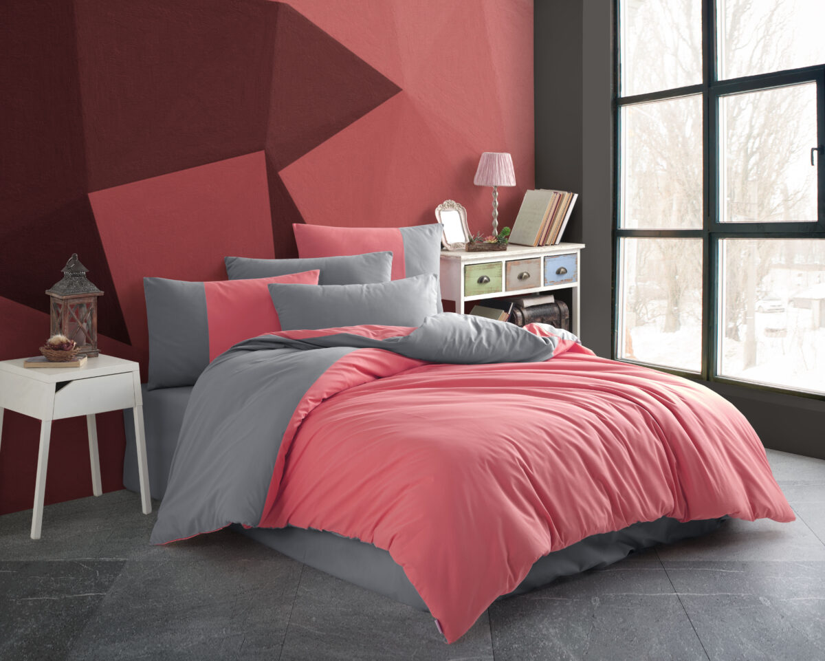 Lenjerie Pat 2 Persoane Hobby Poplin Diamond Uni - Koral - imagine 1