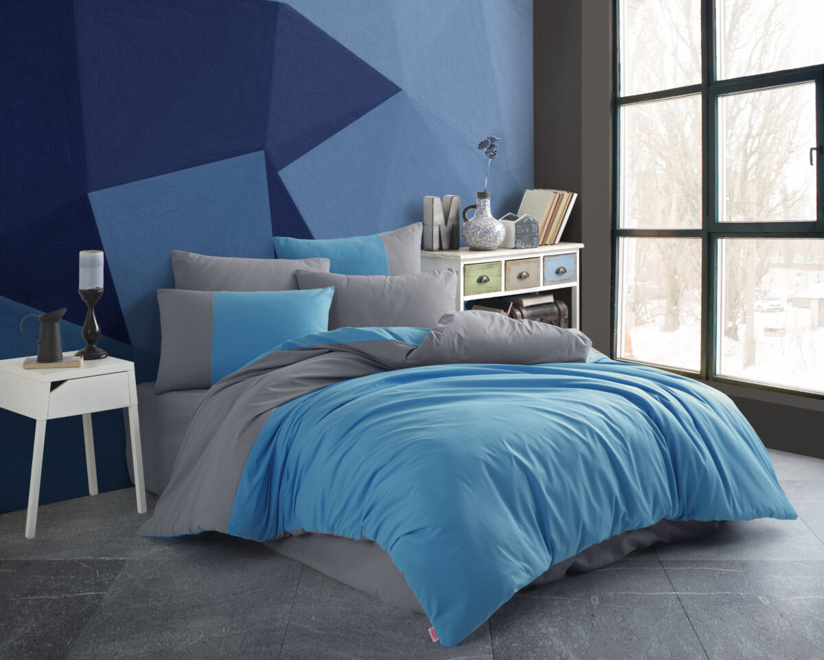 Lenjerie Pat 2 Persoane Hobby Poplin Diamond Uni - Mavi - imagine 1