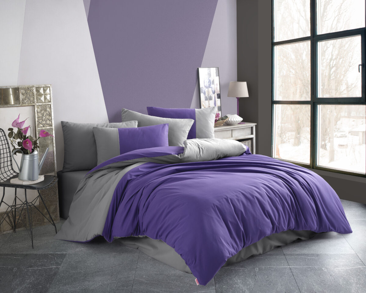 Lenjerie Pat 2 Persoane Hobby Poplin Diamond Uni - Mor - imagine 1