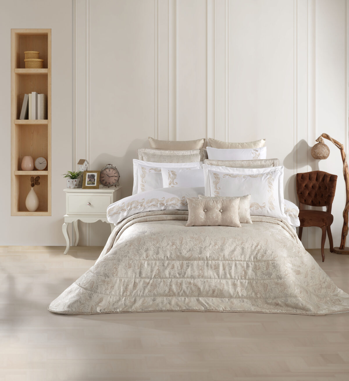 Cuvertura + Lenjerie Pat 2 Persoane Angelina - Bej - imagine 1
