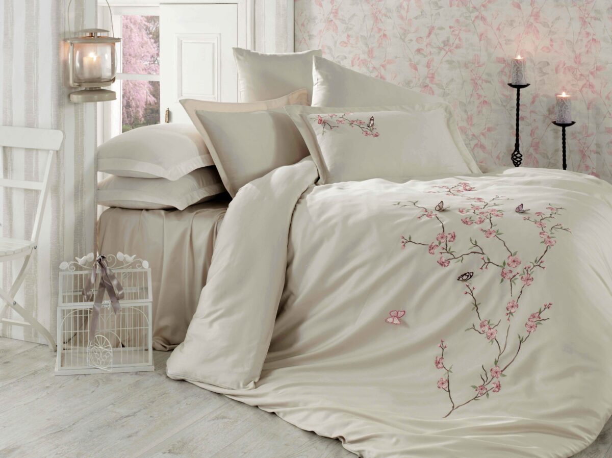 BUTTERFLY NAKIŞLI NEVRESİM TAKIM (BEJ) Lenjerie pat 2 persoane DANTELA - Butterfly - Bej - imagine 1