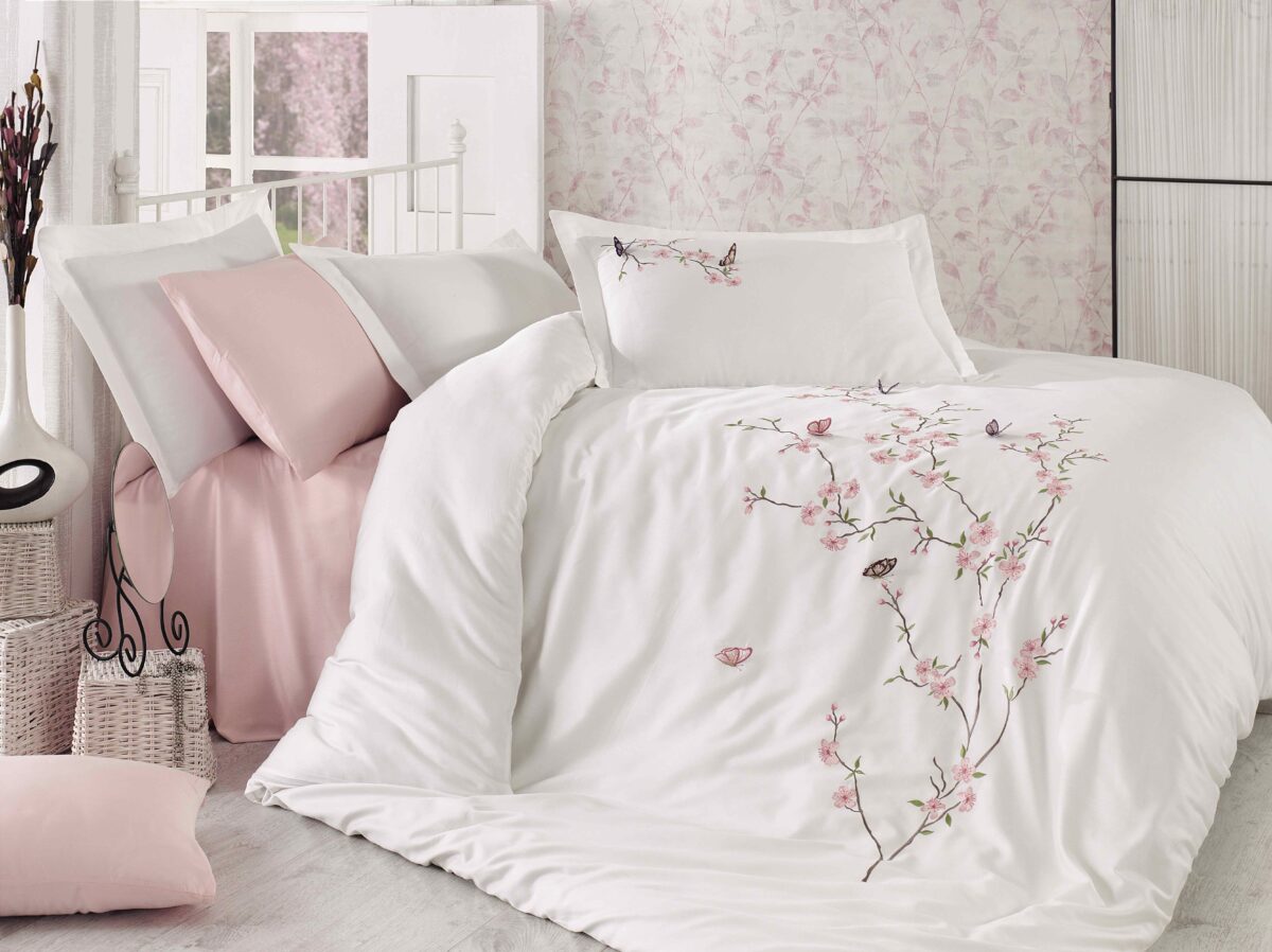 BUTTERFLY NAKIŞLI NEVRESİM TAKIMI (KREM) Lenjerie pat 2 persoane DANTELA - Butterfly - Crem - imagine 1