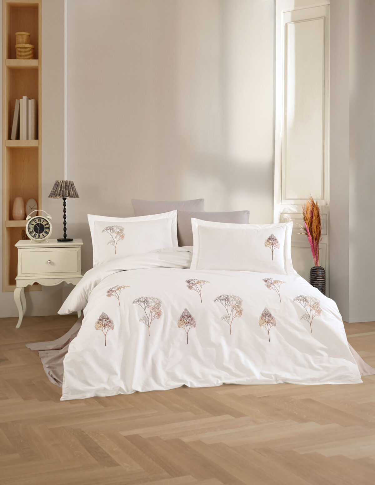 JOVİA NAKIŞLI POPLİN NEVRESİM TAKIMI KREM Lenjerie pat 2 persoane DANTELA - Jovia - Crem - imagine 1