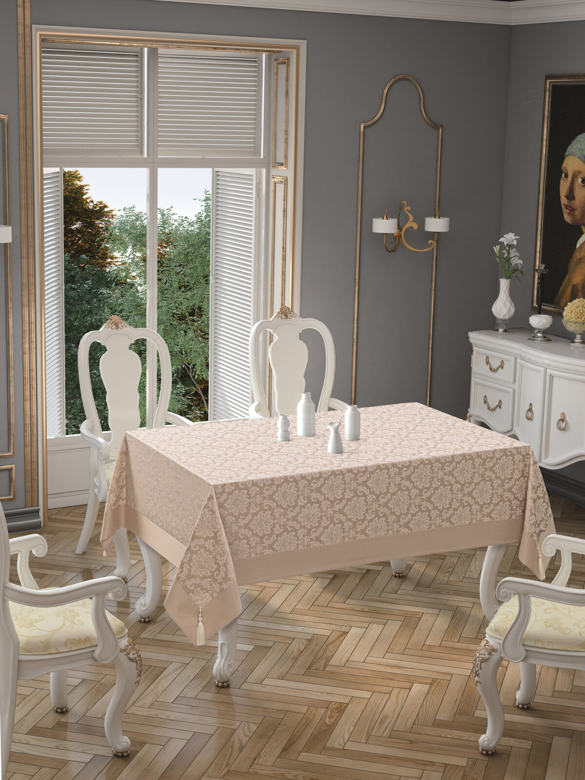 POLYCOTTON PÜSKÜLLÜ-95 DAMASK-BEJ Fata de masa Tabe -Bej - Policoton- 160x220 cm - imagine 1