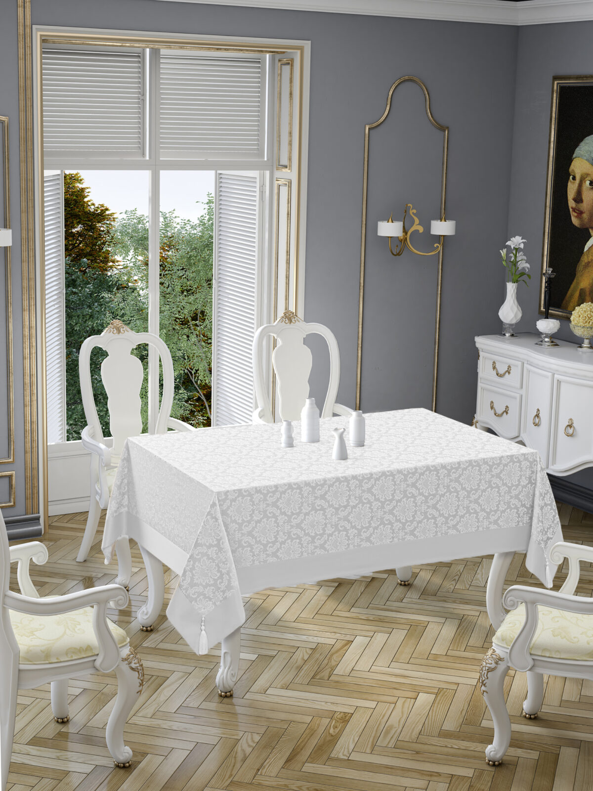 POLYCOTTON PÜSKÜLLÜ-95 DAMASK-Beyaz Fata de masa Tabe -Gri - Policoton- 160x320 cm - imagine 1