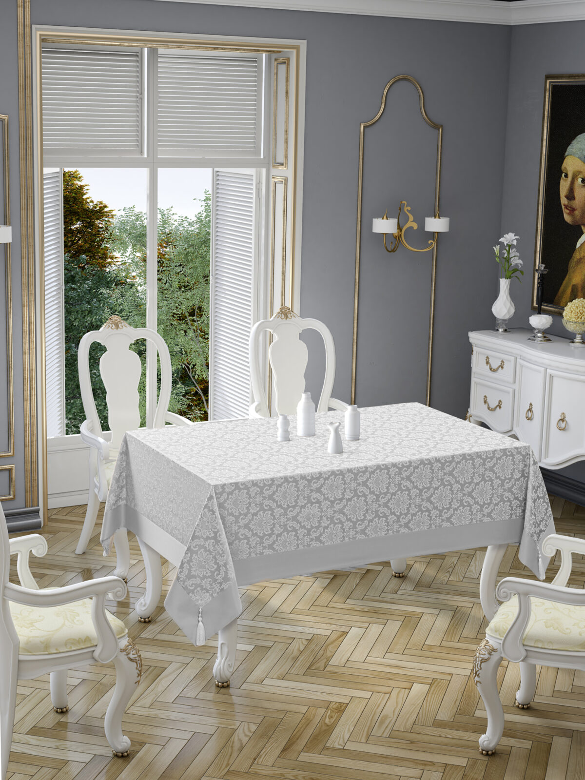 POLYCOTTON PÜSKÜLLÜ-95 DAMASK-gri Fata de masa Tabe -Gri - Policoton- 160x220 cm - imagine 1