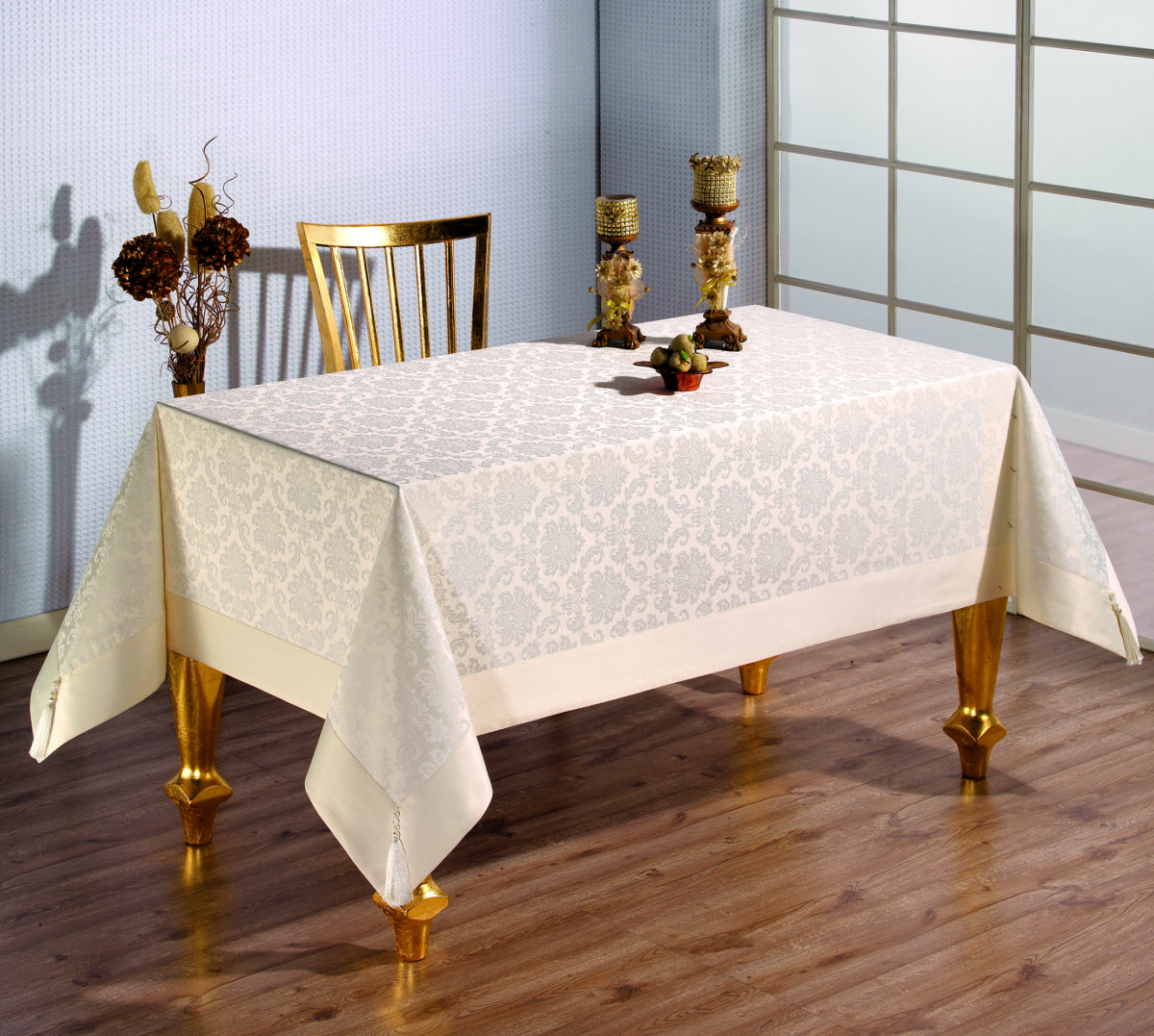 POLYCOTTON PÜSKÜLLÜ-95 DAMASK-krem Fata de masa Tabe -Crem - Policoton- 160x220 cm - imagine 1